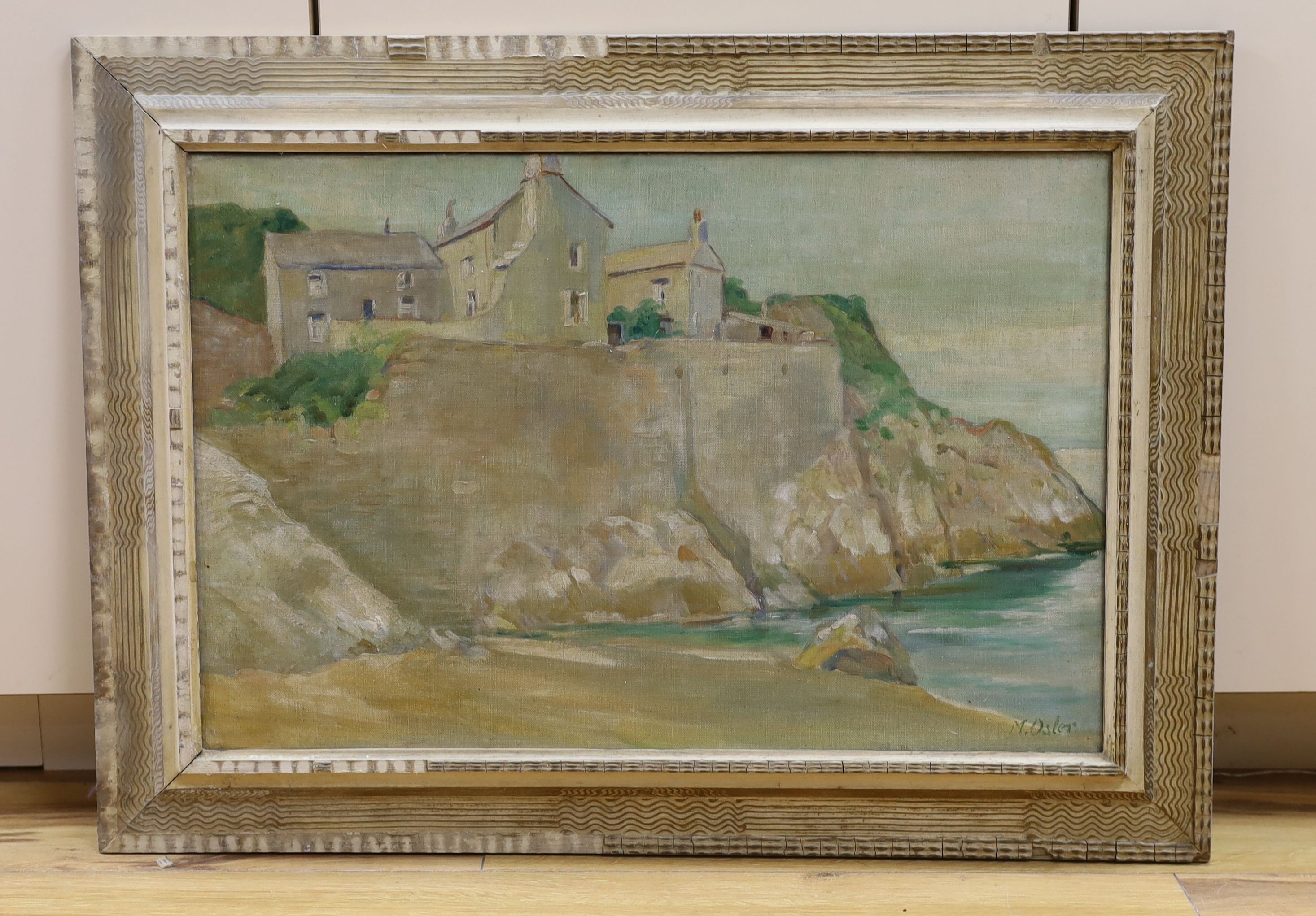 M. Osler, oil on canvas, Coastal scene with houses above the cliffs, signed, 40 x 60cm